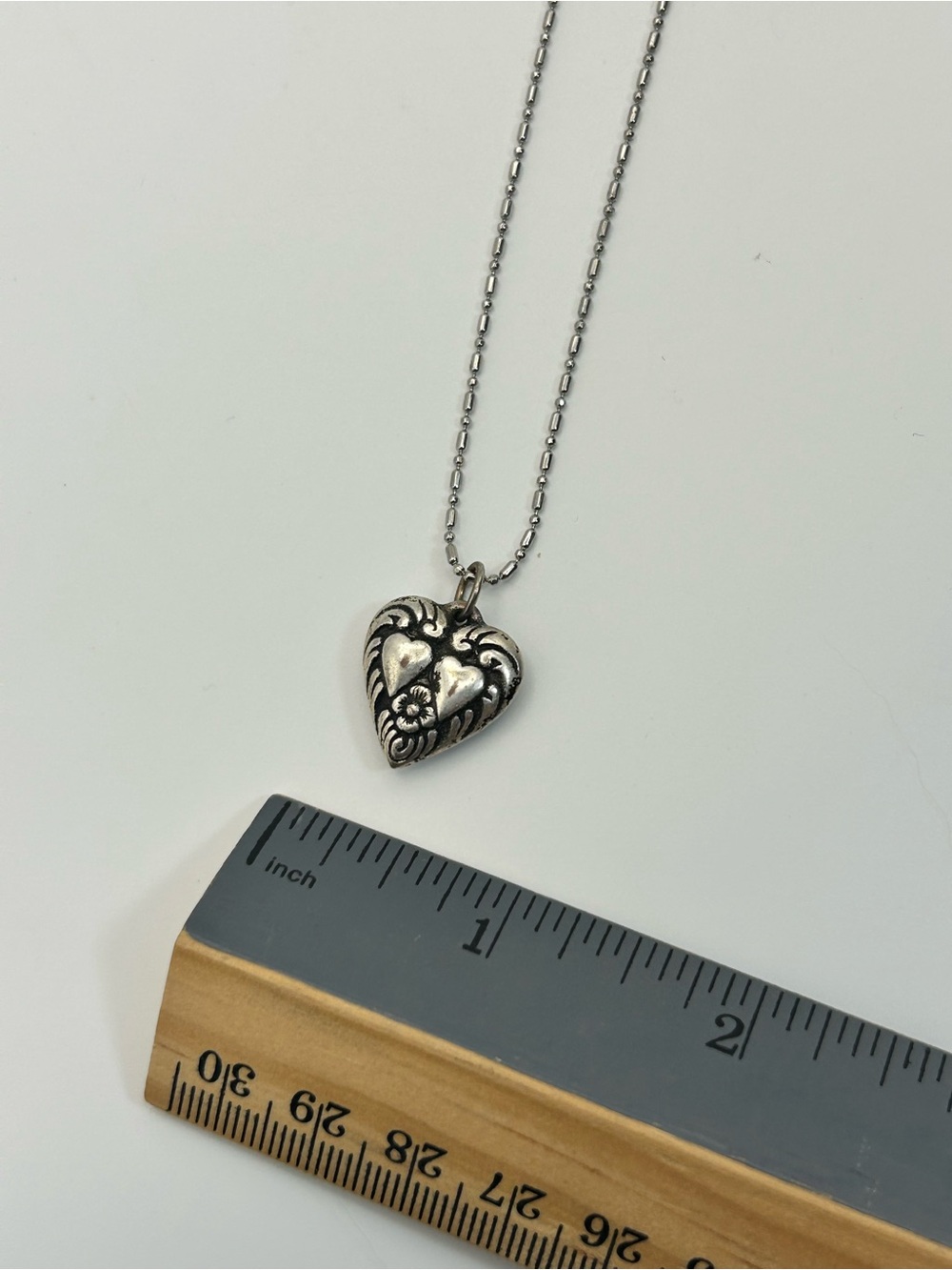 Vintage Ornate Heart Pendant Necklace - Silver-tone Petite Chain 18" Patina - Picture 8 of 8